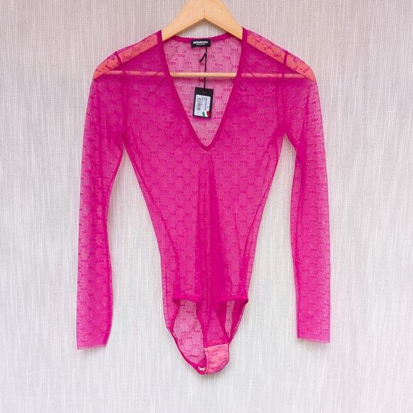 NWT Dsquared2 Pink All-Over Monogram Sheer Logo Long Sleeve Body, size S - Picture 2 of 6